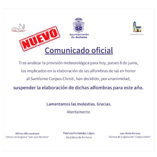 Suspendida la elaboración de alfombras de sal del Patrón de Archena, el Corpus, por inclemencias del tiempo