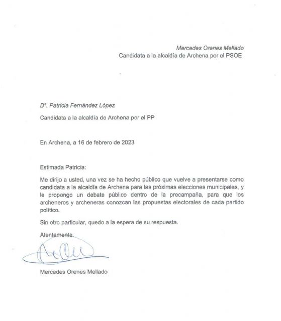 Mercedes Orenes propone la realización de un debate público dentro de la precampaña electoral de Archena