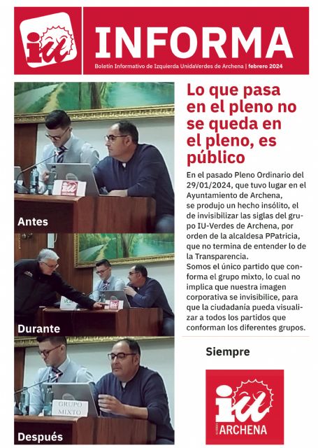 Izquierda Unida-Verdes Archena crítica la desidia del PP de Patricia Fernández en el Boletín Informativo de Febrero